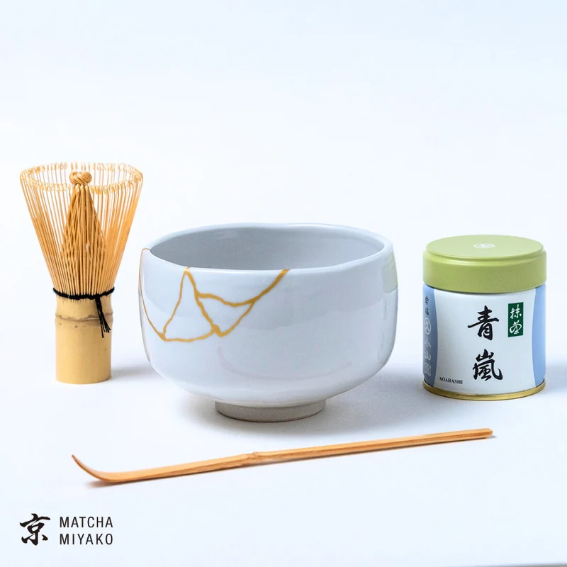 Japanese Matcha Tea Set - Tenmoku kintsugi (white)