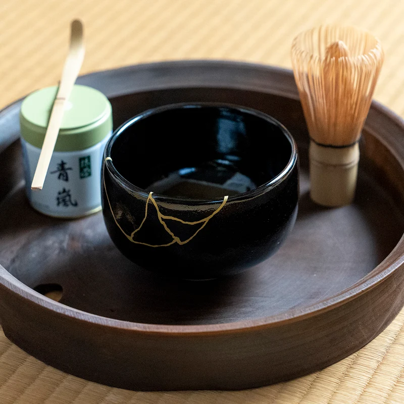 Japanese Matcha Tea Set - Tenmoku kintsugi (black)