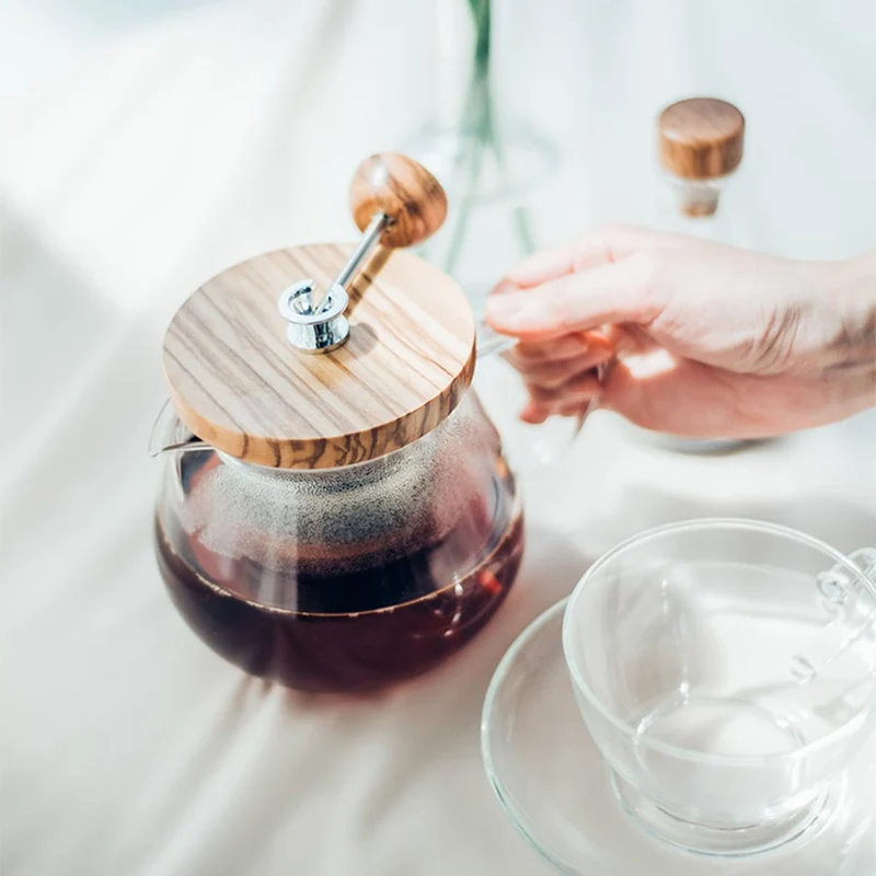 Japanische edle Design und cleverer Funktionalität Tee Kanne aus Glas, Edelstahl Sieb und Olivenholzdeckel – 450 ml / 700 ml