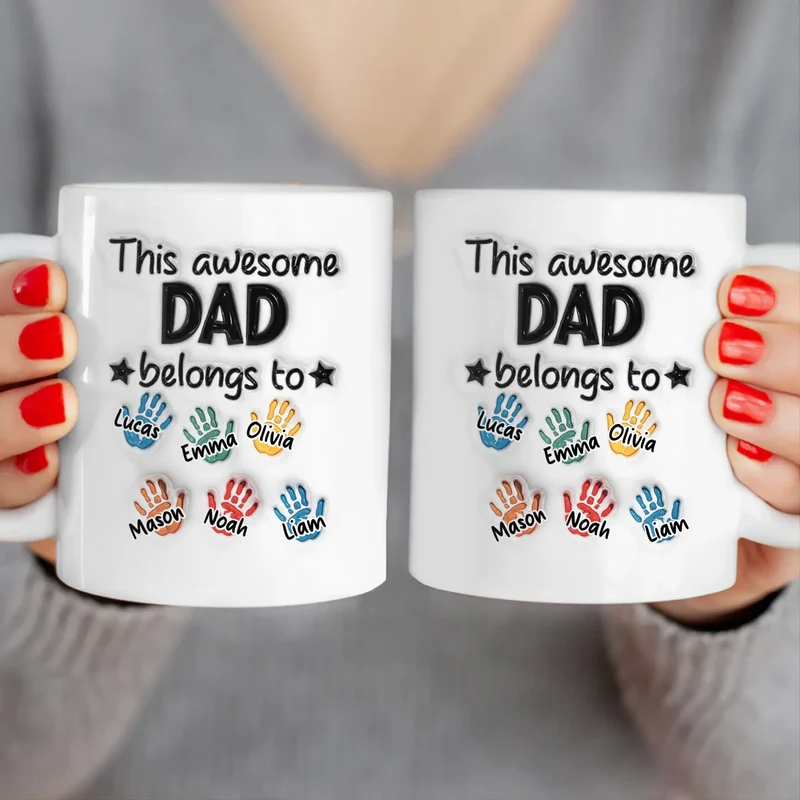 Personalized mug – "This amazing dad belongs to" with 1–6 children's hands/names in a 3D look