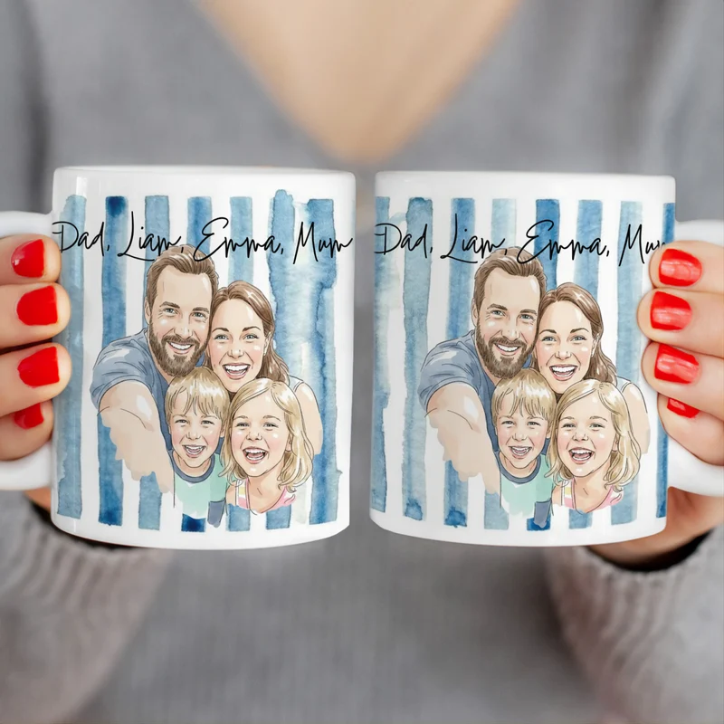 Personalized Mug – With Your Own Family Picture in Cute Watercolor Style with Names