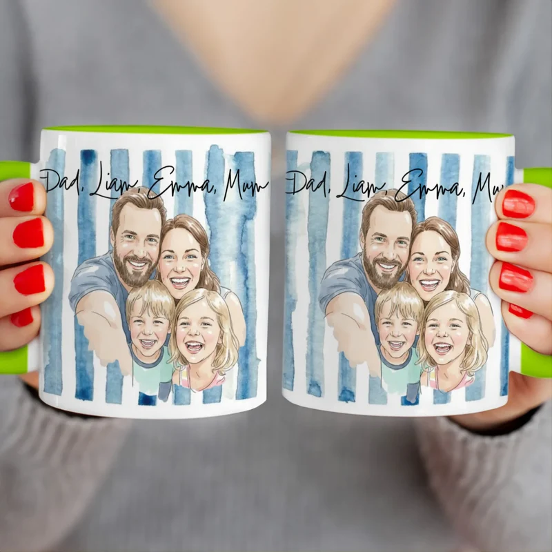 Personalized Mug – With Your Own Family Picture in Cute Watercolor Style with Names