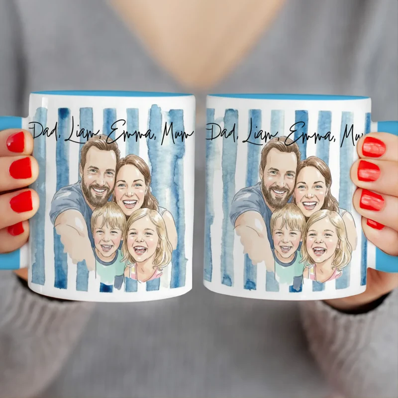 Personalized Mug – With Your Own Family Picture in Cute Watercolor Style with Names