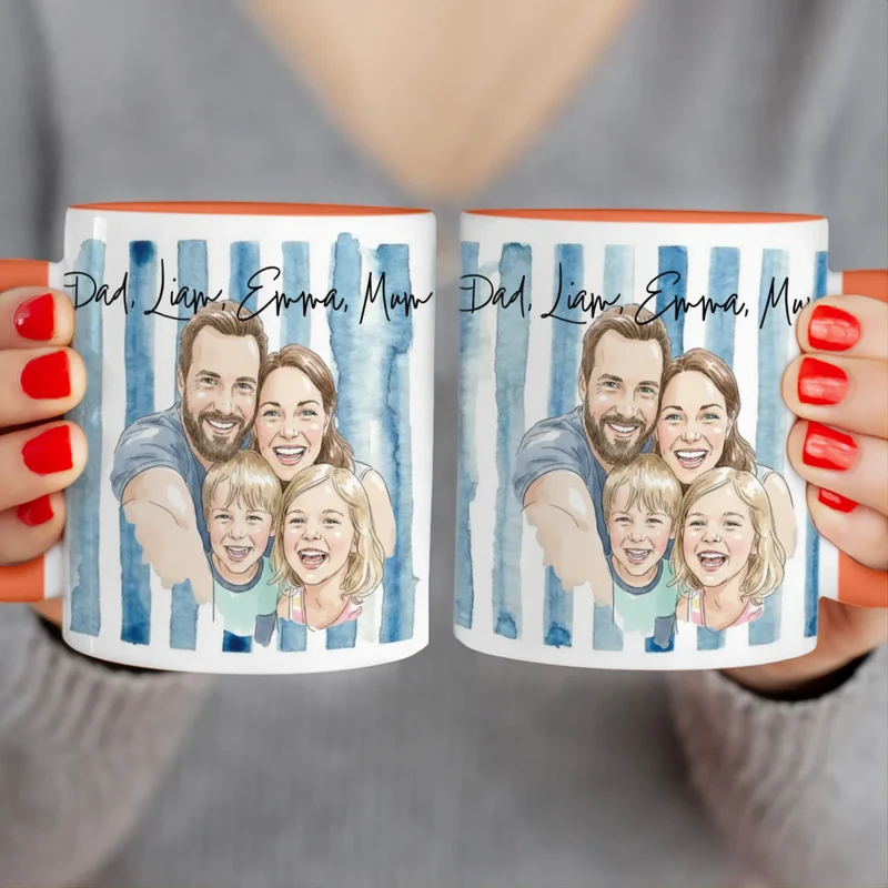 Personalized Mug – With Your Own Family Picture in Cute Watercolor Style with Names
