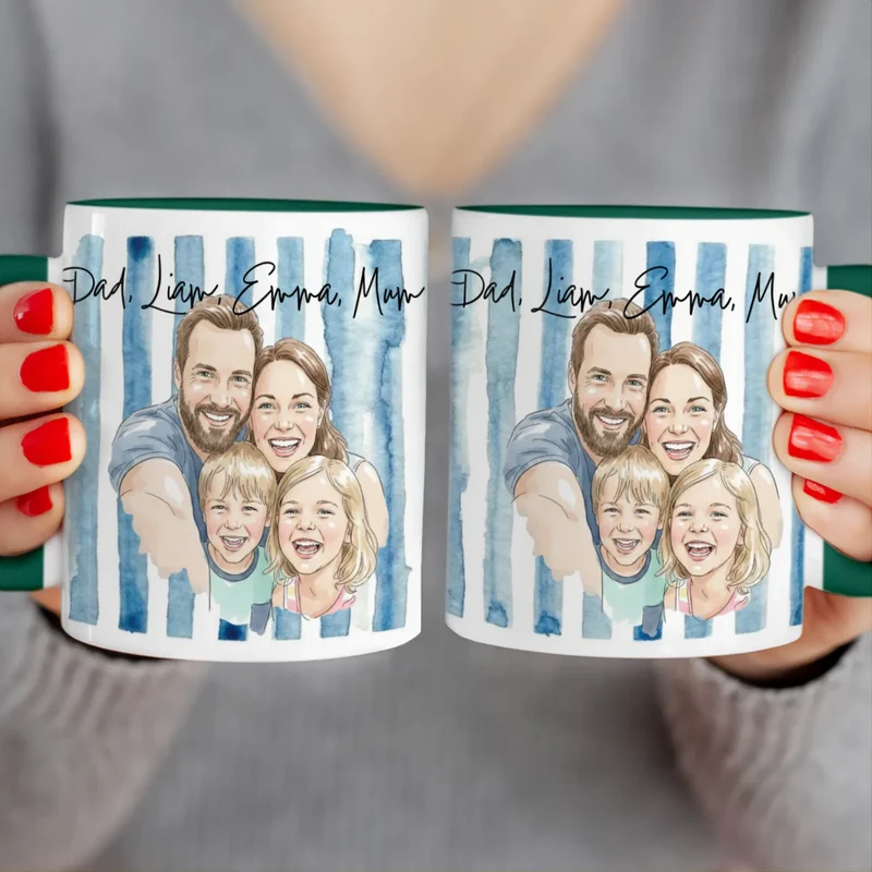 Personalized Mug – With Your Own Family Picture in Cute Watercolor Style with Names