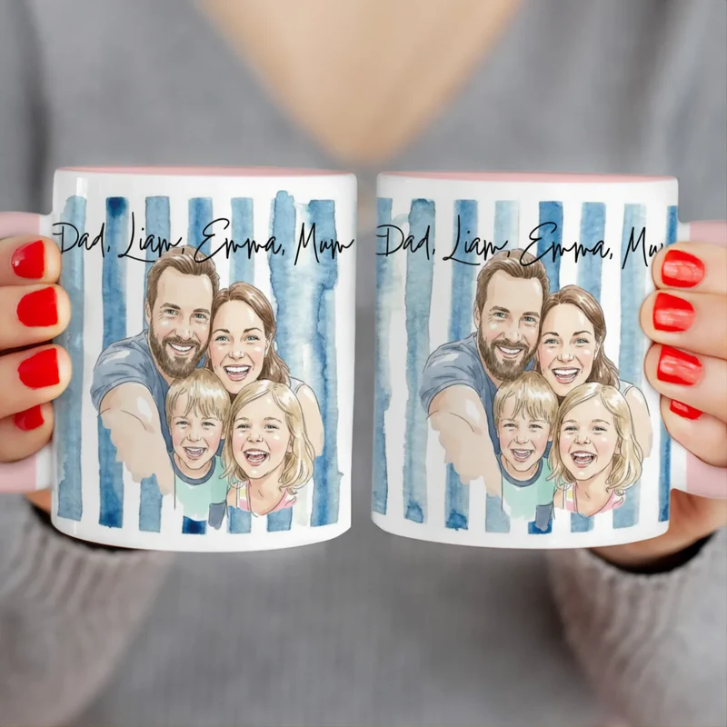 Personalized Mug – With Your Own Family Picture in Cute Watercolor Style with Names