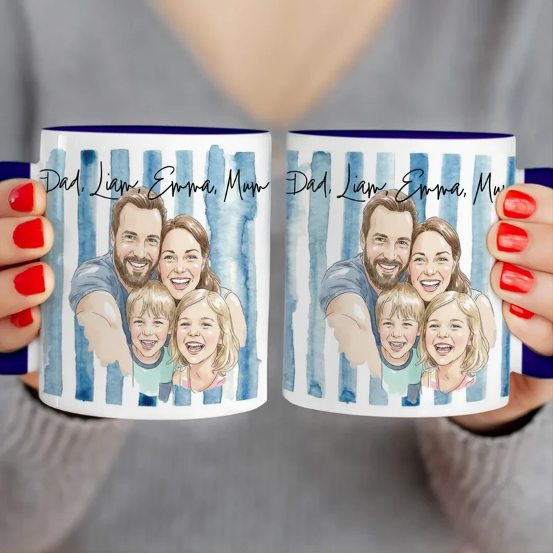 Personalized Mug – With Your Own Family Picture in Cute Watercolor Style with Names