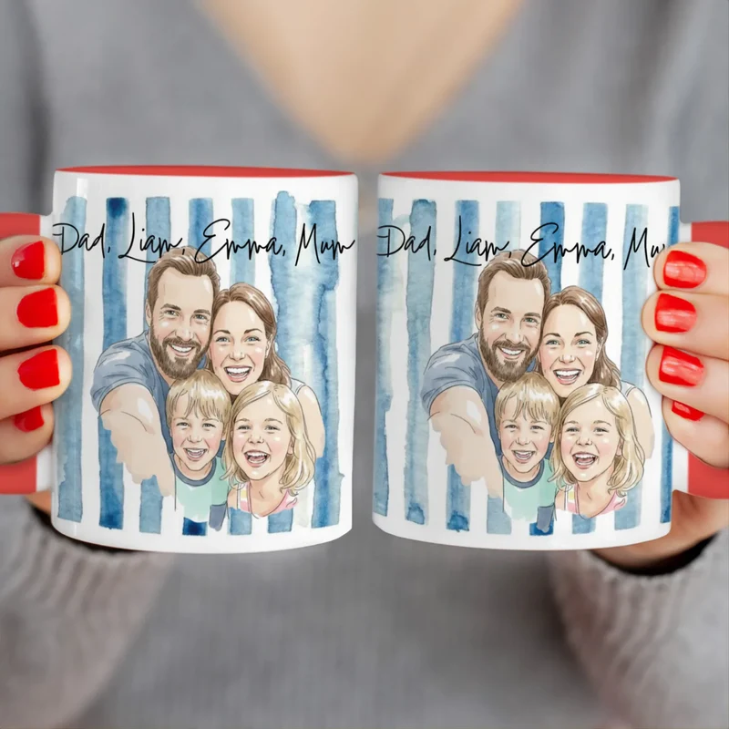 Personalized Mug – With Your Own Family Picture in Cute Watercolor Style with Names