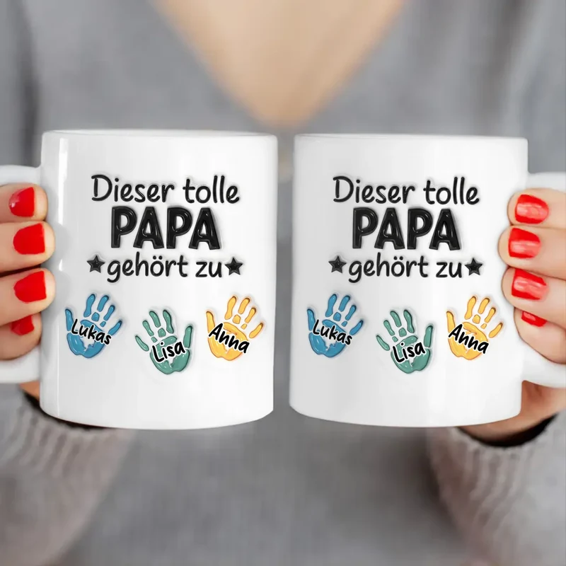 Personalisierte Tasse - "Dieser tolle Papa gehört zu" mit 1-6 Kinderhänden/Namen im 3D-Look