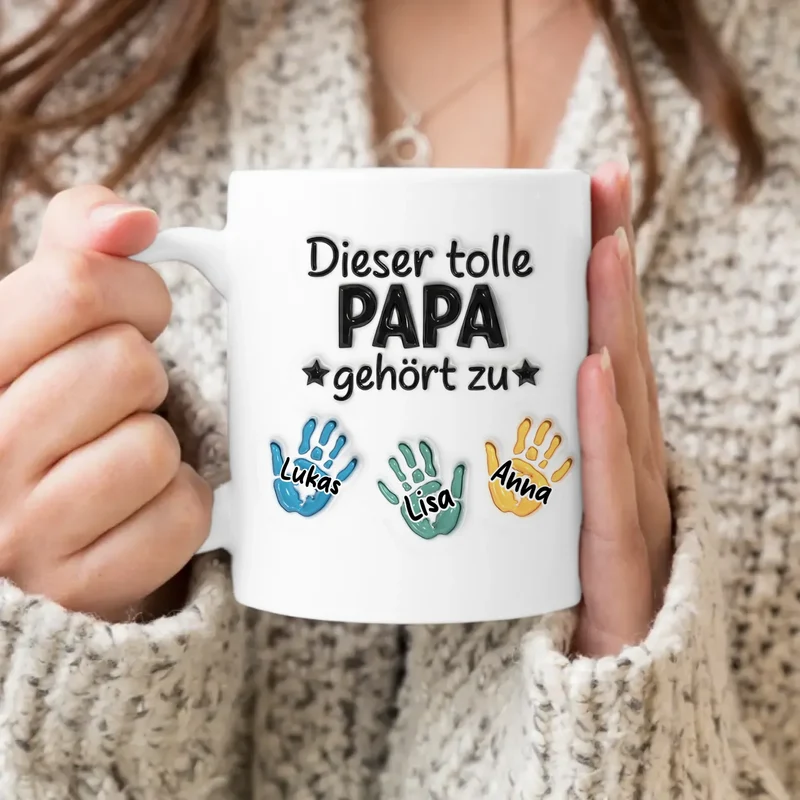 Personalisierte Tasse - "Dieser tolle Papa gehört zu" mit 1-6 Kinderhänden/Namen im 3D-Look