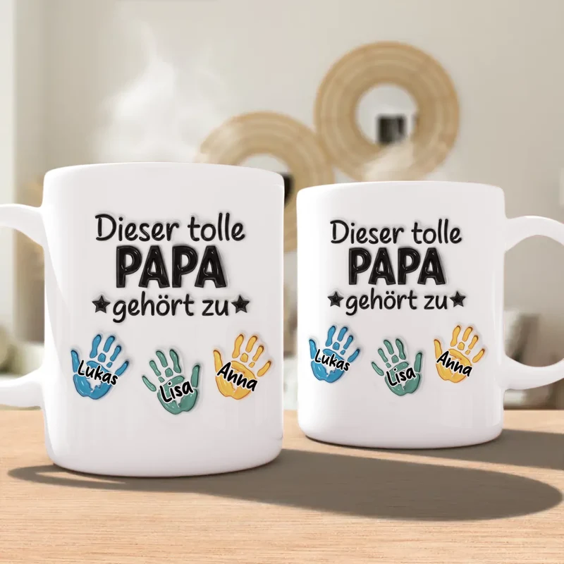 Personalisierte Tasse - "Dieser tolle Papa gehört zu" mit 1-6 Kinderhänden/Namen im 3D-Look