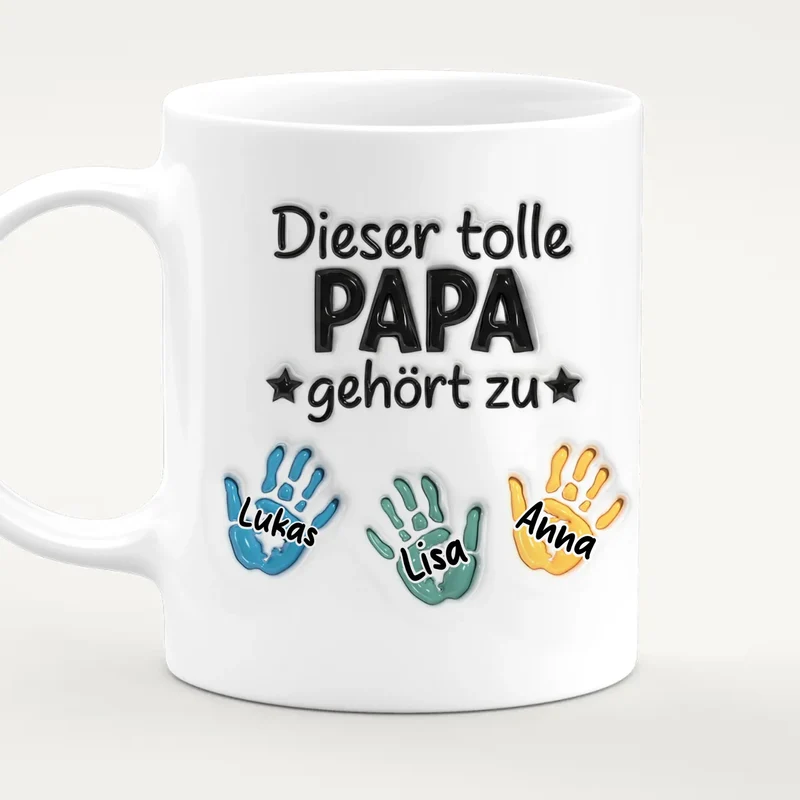 Personalisierte Tasse - "Dieser tolle Papa gehört zu" mit 1-6 Kinderhänden/Namen im 3D-Look