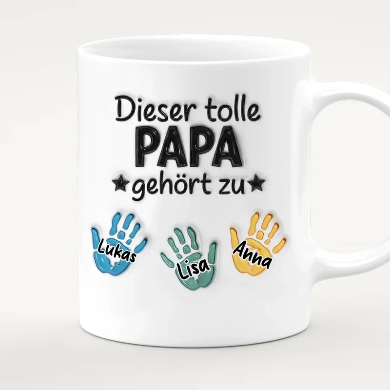 Personalisierte Tasse - "Dieser tolle Papa gehört zu" mit 1-6 Kinderhänden/Namen im 3D-Look