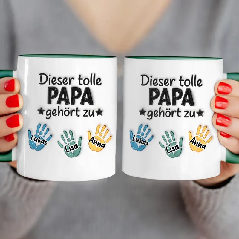 Personalisierte Tasse - "Dieser tolle Papa gehört zu" mit 1-6 Kinderhänden/Namen im 3D-Look