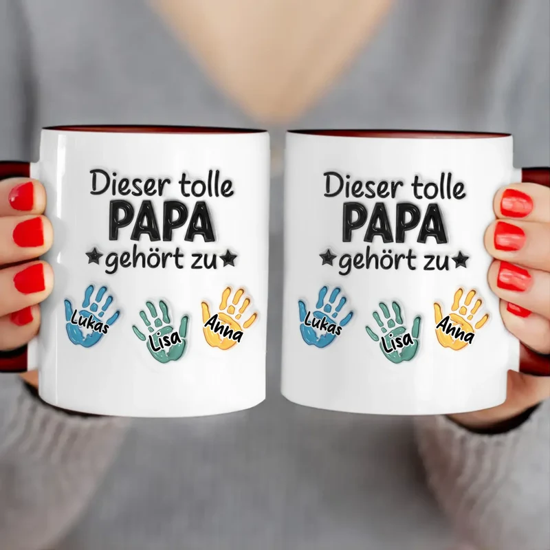 Personalisierte Tasse - "Dieser tolle Papa gehört zu" mit 1-6 Kinderhänden/Namen im 3D-Look