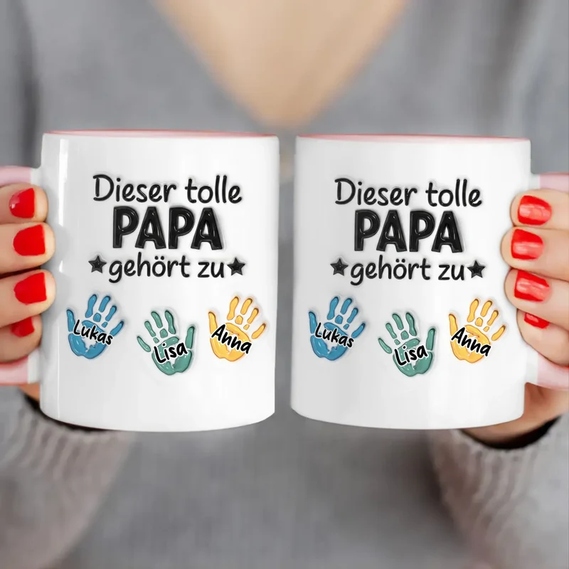 Personalisierte Tasse - "Dieser tolle Papa gehört zu" mit 1-6 Kinderhänden/Namen im 3D-Look
