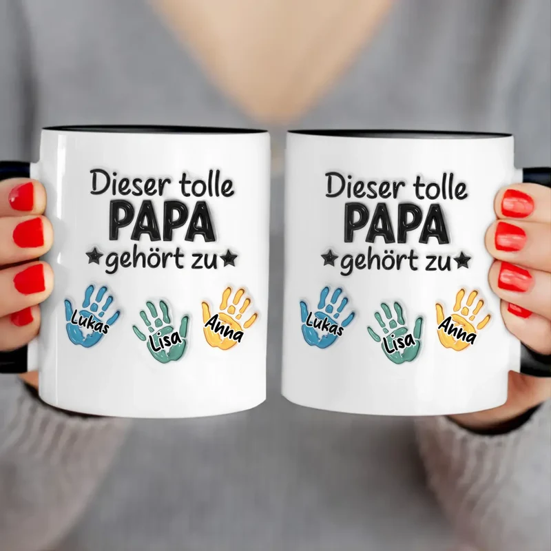 Personalisierte Tasse - "Dieser tolle Papa gehört zu" mit 1-6 Kinderhänden/Namen im 3D-Look
