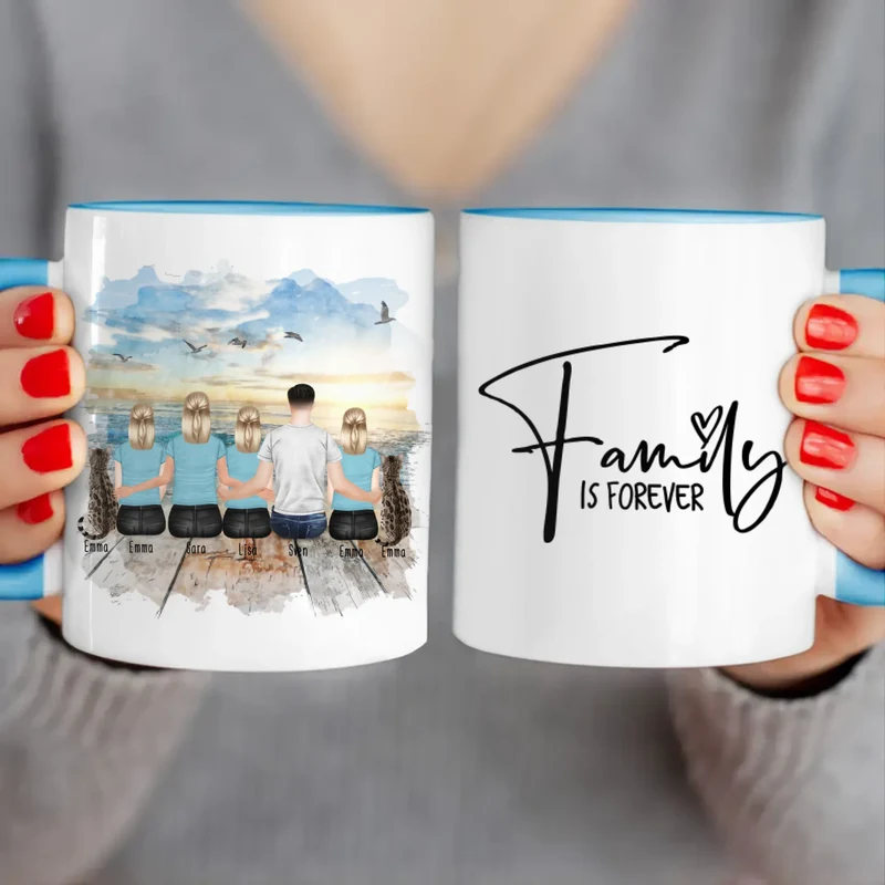 Personalisierte Tasse mit Familie (3 Teenagerinnen + 2 Katzen)
