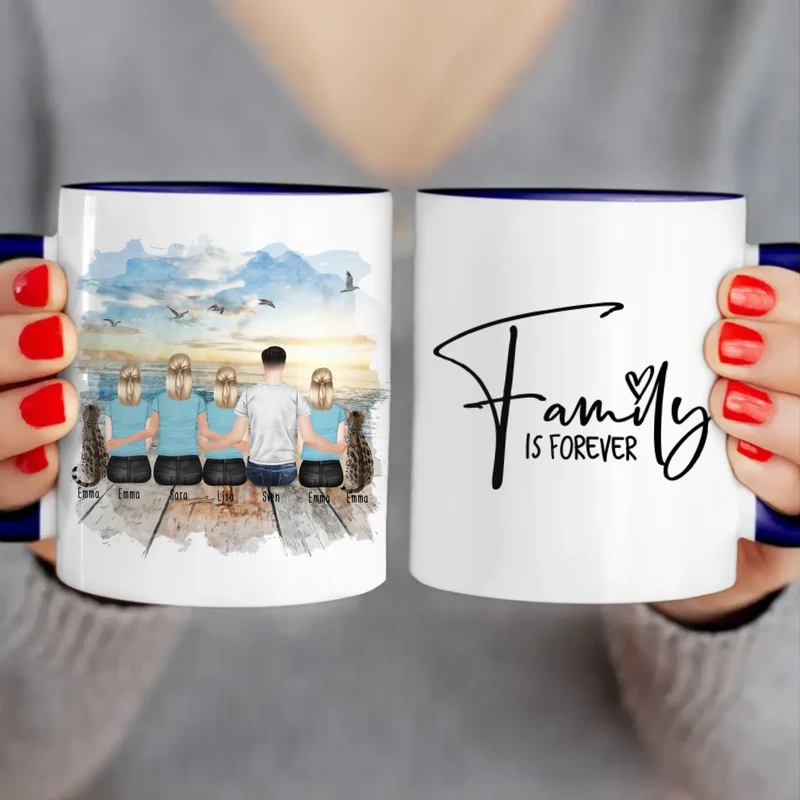 Personalisierte Tasse mit Familie (3 Teenagerinnen + 2 Katzen)
