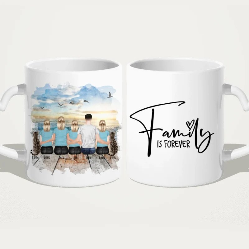 Personalisierte Tasse mit Familie (3 Teenagerinnen + 2 Katzen)