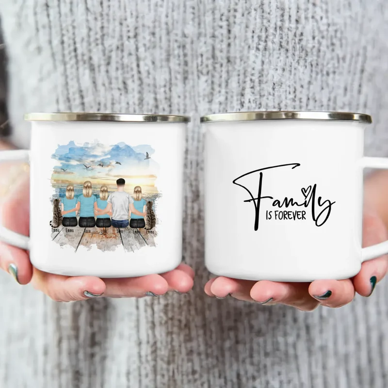 Personalisierte Tasse mit Familie (3 Teenagerinnen + 2 Katzen)