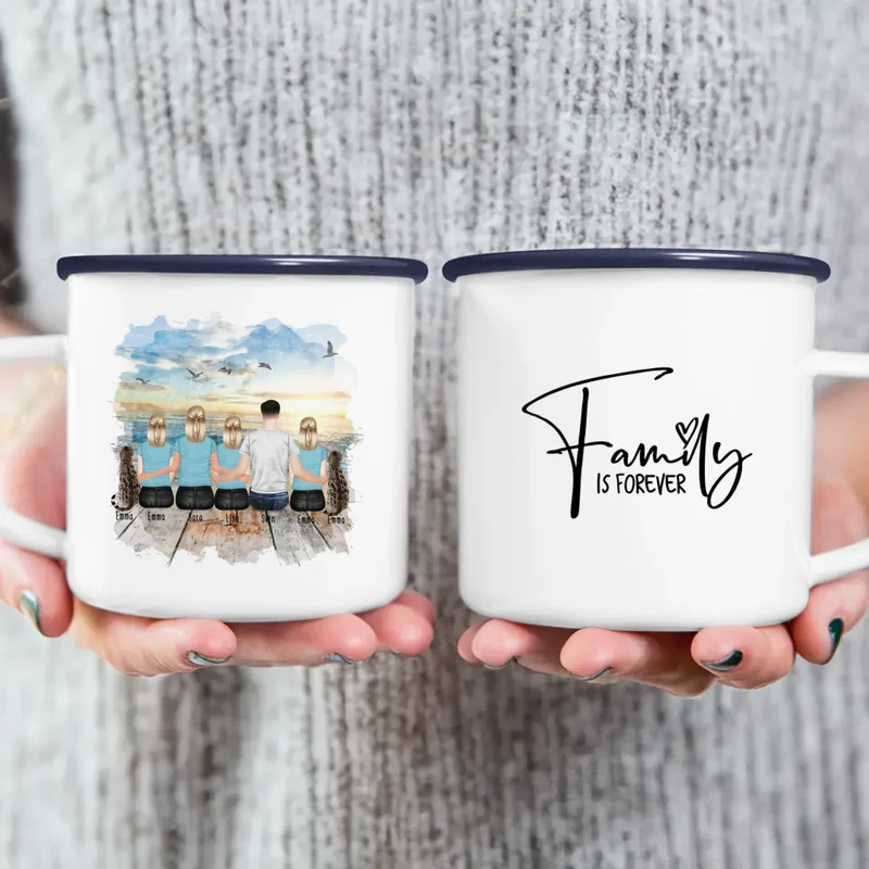 Personalisierte Tasse mit Familie (3 Teenagerinnen + 2 Katzen)