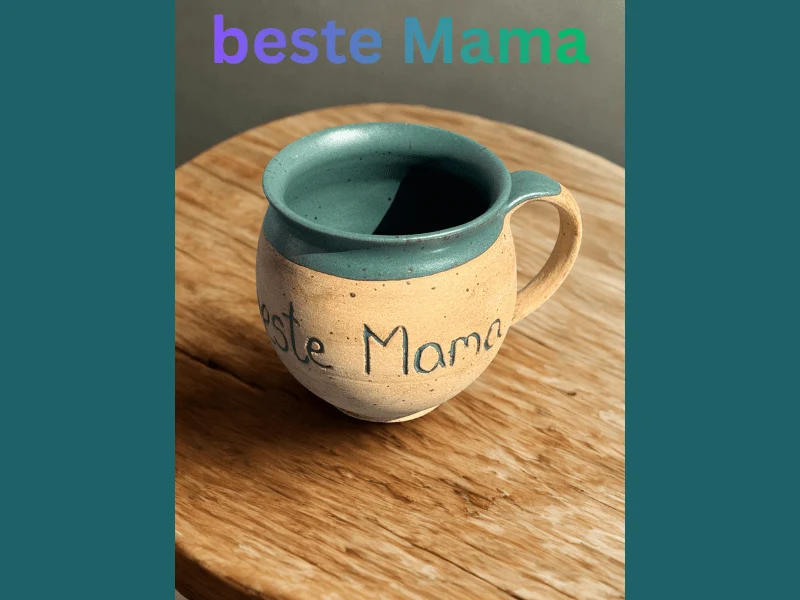 Handgedrehte Keramiktasse mit Aufschrift 350 ml