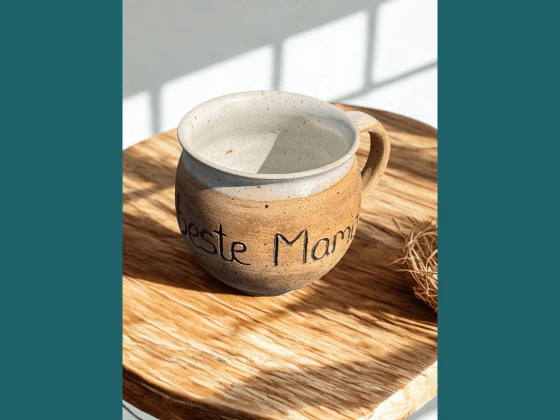 Handgedrehte Keramiktasse mit Aufschrift 350 ml