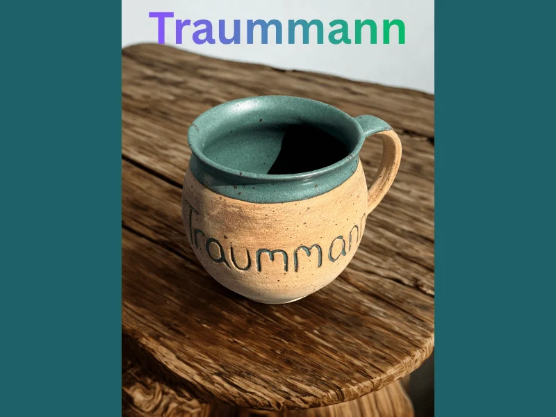 Handgedrehte Keramiktasse mit Aufschrift 350 ml
