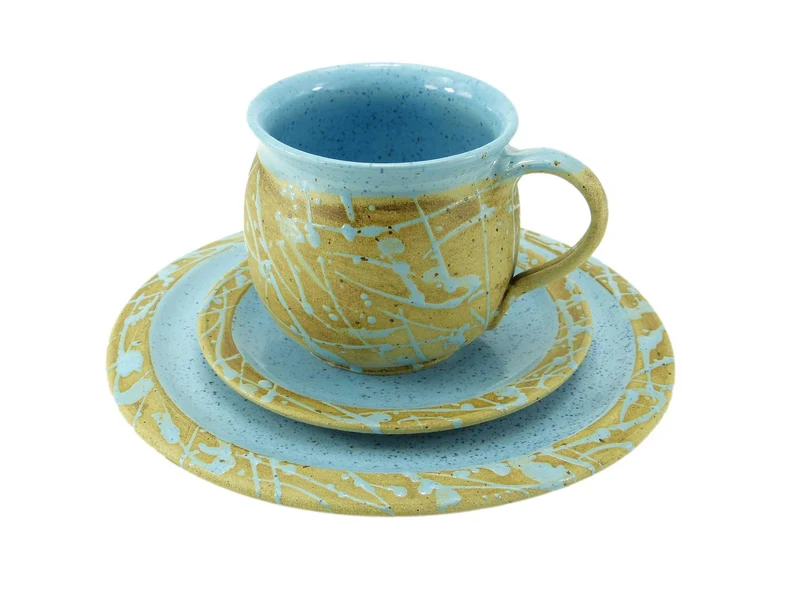 Handgemachtes Keramik Gedeck-Set – Frühstücksteller, Untertasse & Tasse
