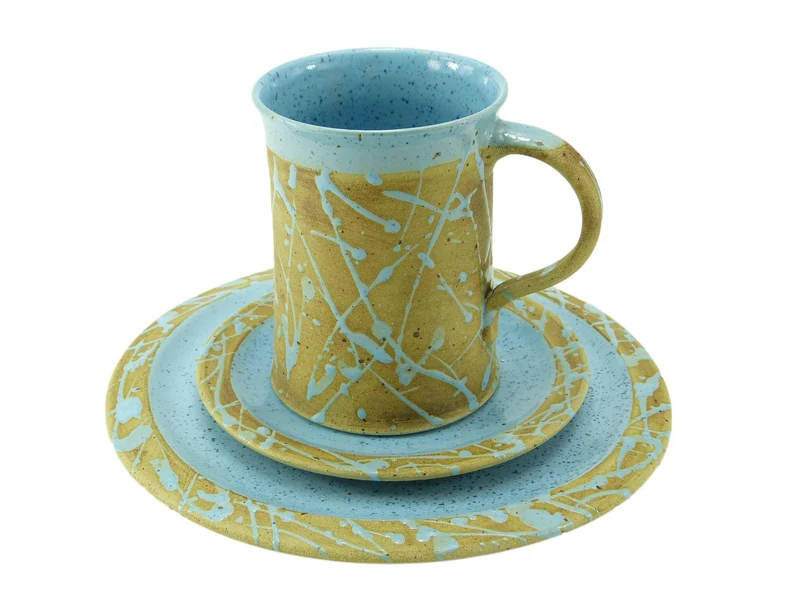 Handgemachtes Keramik Gedeck-Set – Frühstücksteller, Untertasse & Tasse
