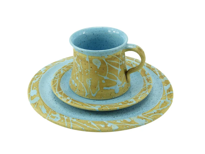 Handgemachtes Keramik Gedeck-Set – Frühstücksteller, Untertasse & Tasse