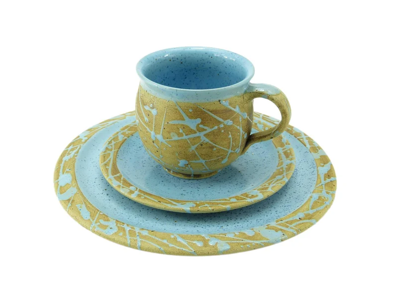 Handgemachtes Keramik Gedeck-Set – Frühstücksteller, Untertasse & Tasse