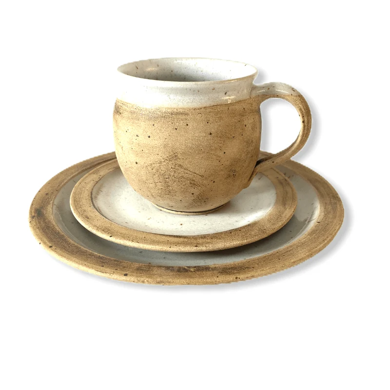 Handgemachtes Keramik Gedeck-Set – Frühstücksteller, Untertasse & Tasse