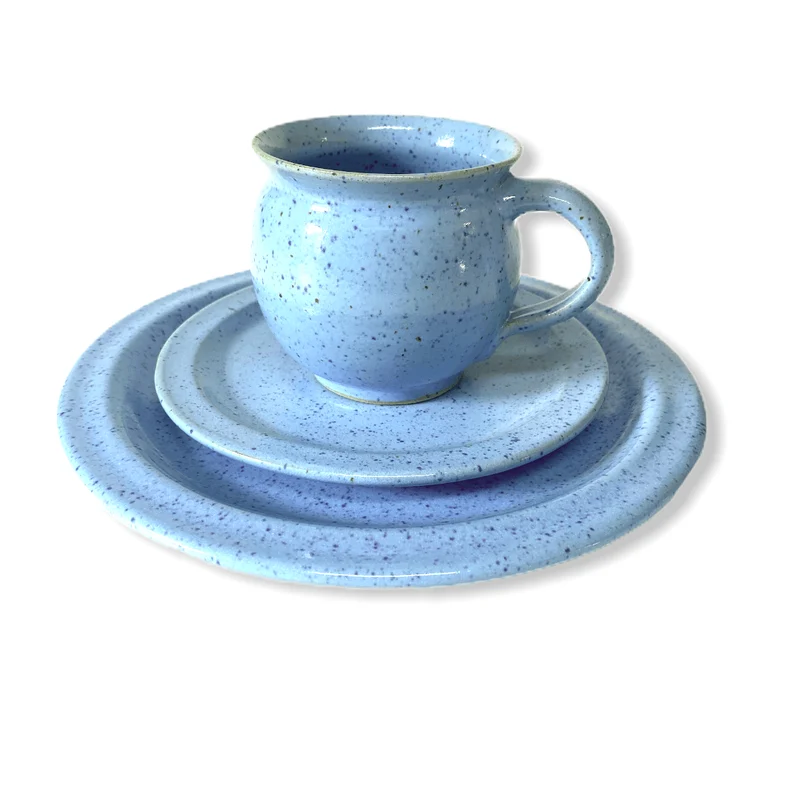 Handgemachtes Keramik Gedeck-Set – Frühstücksteller, Untertasse & Tasse