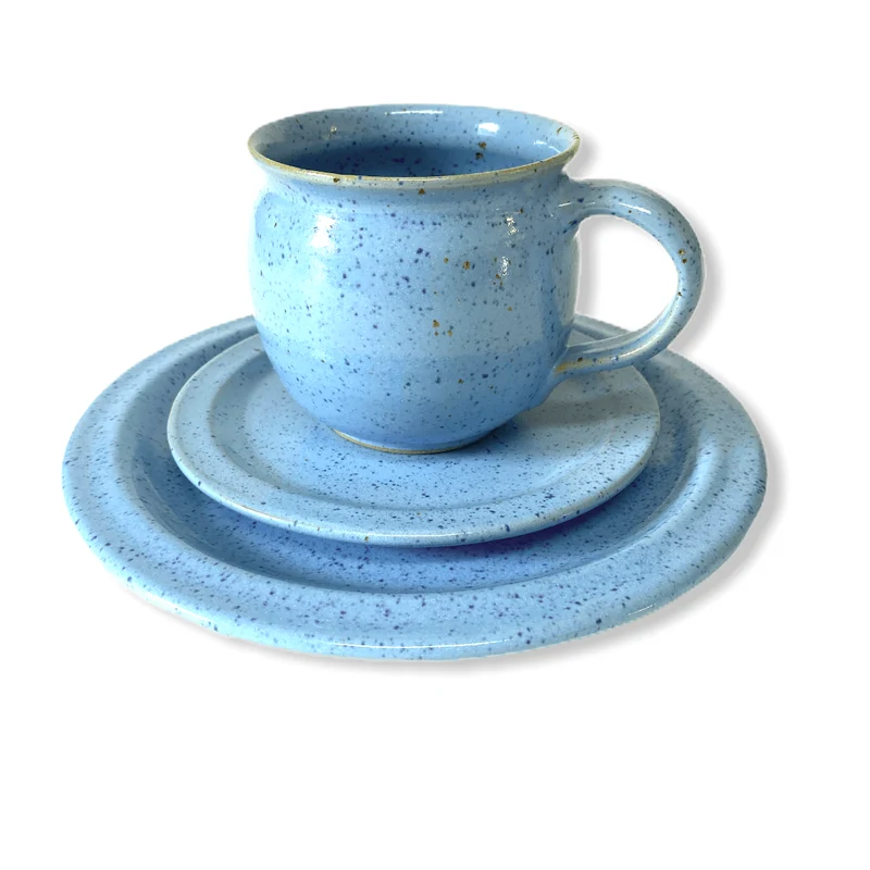 Handgemachtes Keramik Gedeck-Set – Frühstücksteller, Untertasse & Tasse