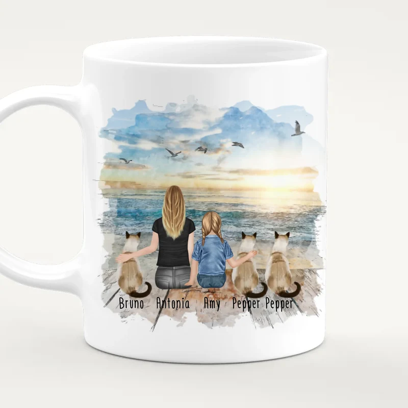 Tasse Mama mit 1 Kind + 3 Katzen