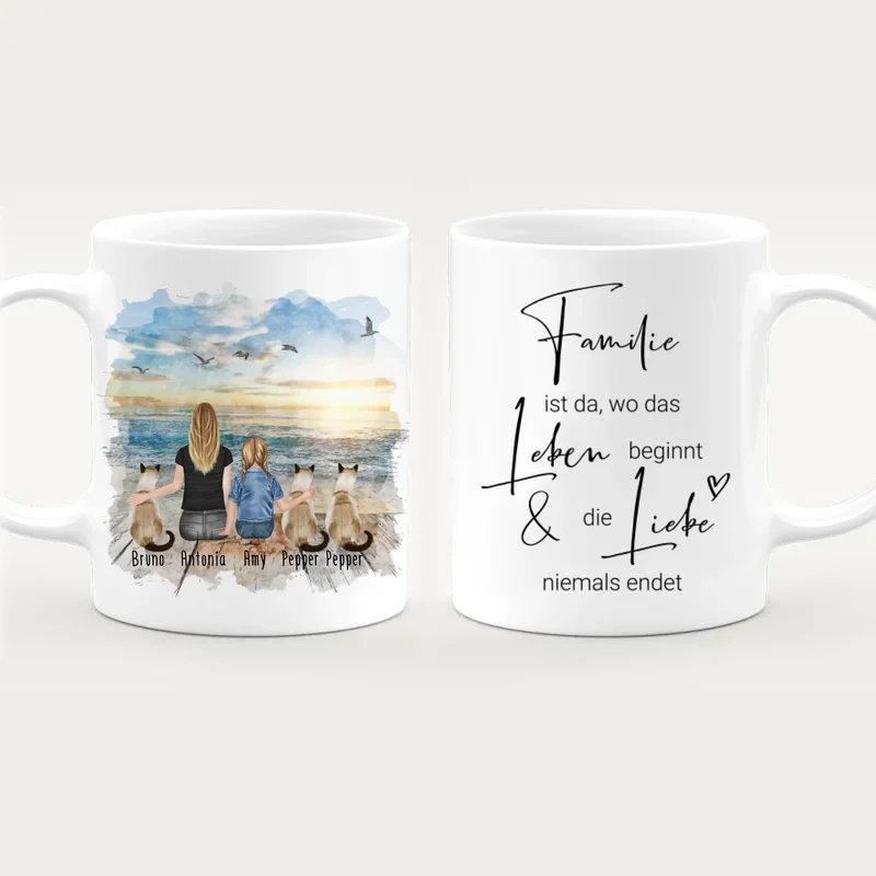 Tasse Mama mit 1 Kind + 3 Katzen