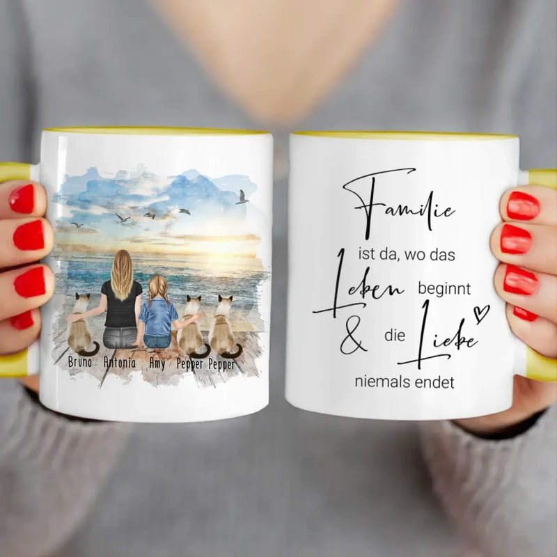 Tasse Mama mit 1 Kind + 3 Katzen