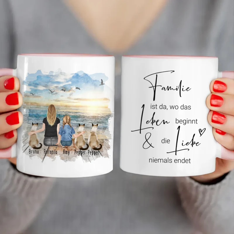 Tasse Mama mit 1 Kind + 3 Katzen