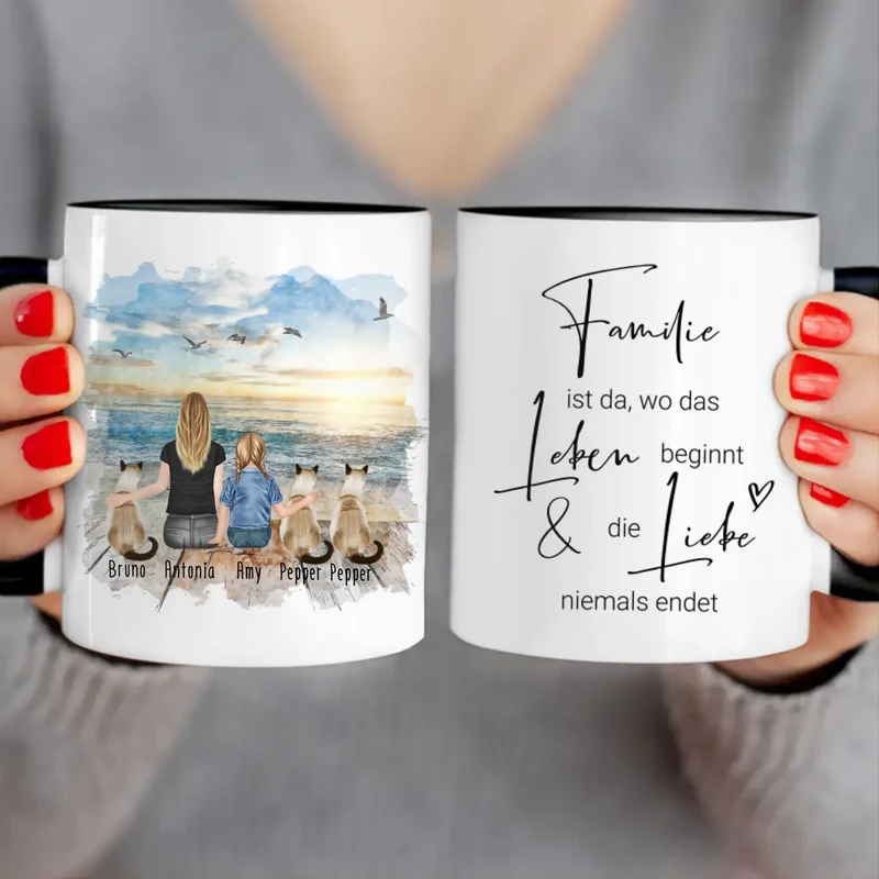 Tasse Mama mit 1 Kind + 3 Katzen