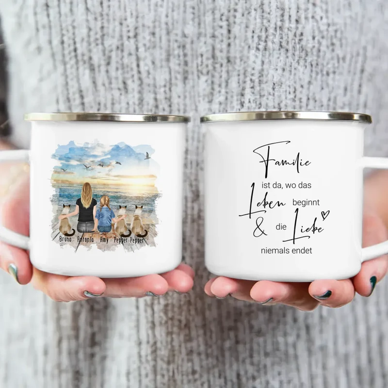 Tasse Mama mit 1 Kind + 3 Katzen