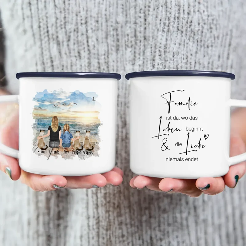 Tasse Mama mit 1 Kind + 3 Katzen