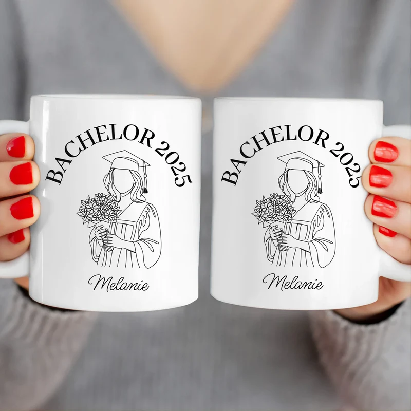 Personalisierte Tasse - Bachelor mit One-Line-Art Zeichnung mit Name und Jahr