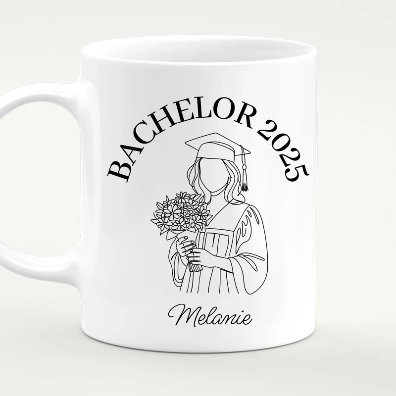Personalisierte Tasse - Bachelor mit One-Line-Art Zeichnung mit Name und Jahr
