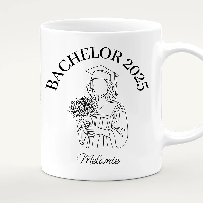 Personalisierte Tasse - Bachelor mit One-Line-Art Zeichnung mit Name und Jahr