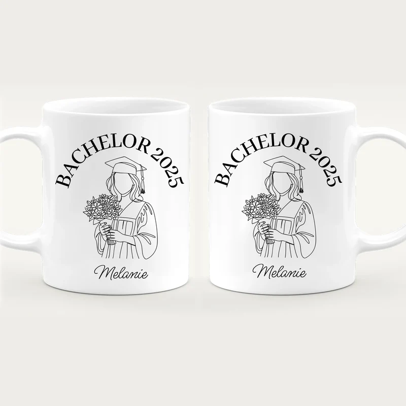 Personalisierte Tasse - Bachelor mit One-Line-Art Zeichnung mit Name und Jahr