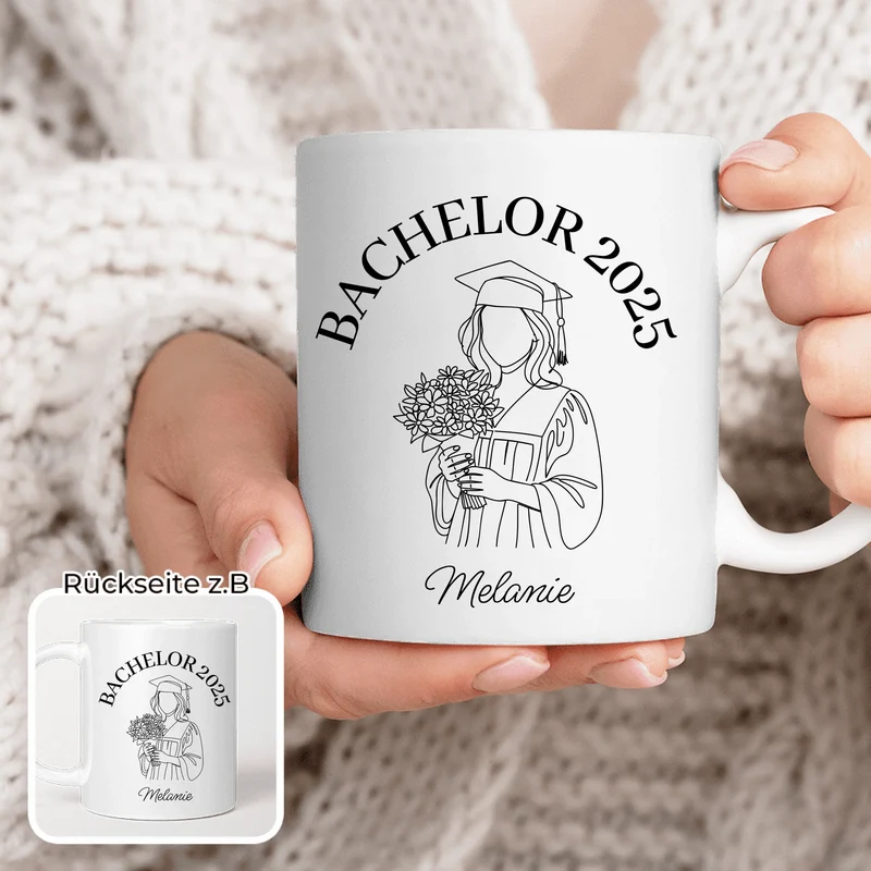 Personalisierte Tasse - Bachelor mit One-Line-Art Zeichnung mit Name und Jahr