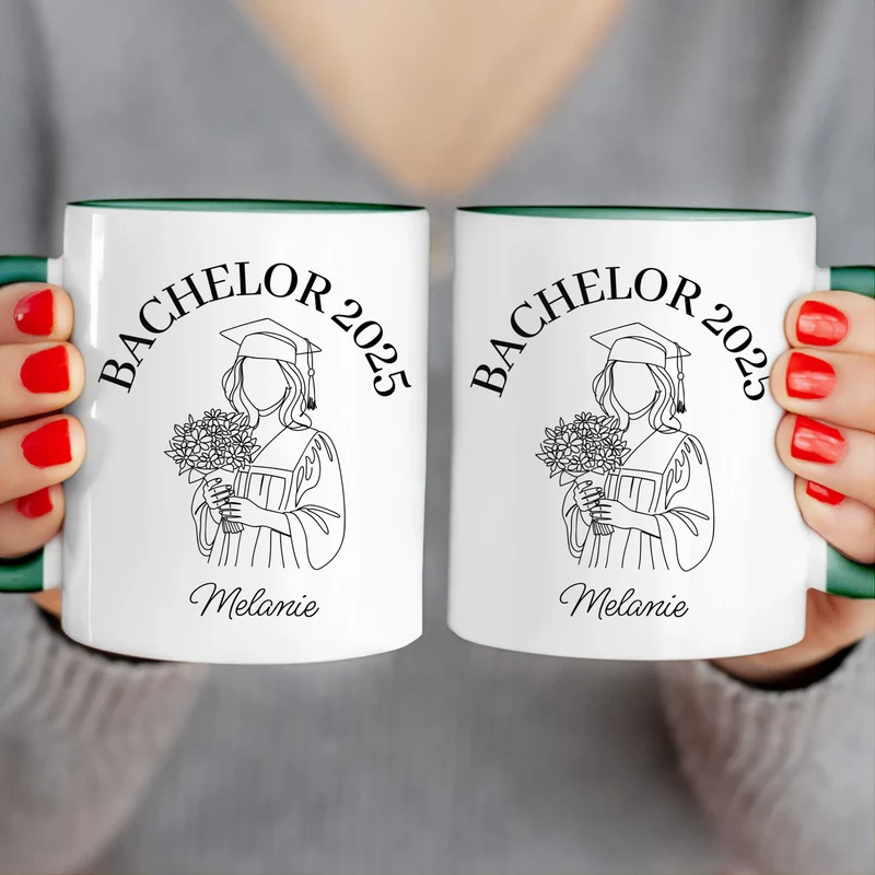 Personalisierte Tasse - Bachelor mit One-Line-Art Zeichnung mit Name und Jahr