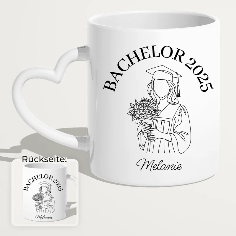 Personalisierte Tasse - Bachelor mit One-Line-Art Zeichnung mit Name und Jahr